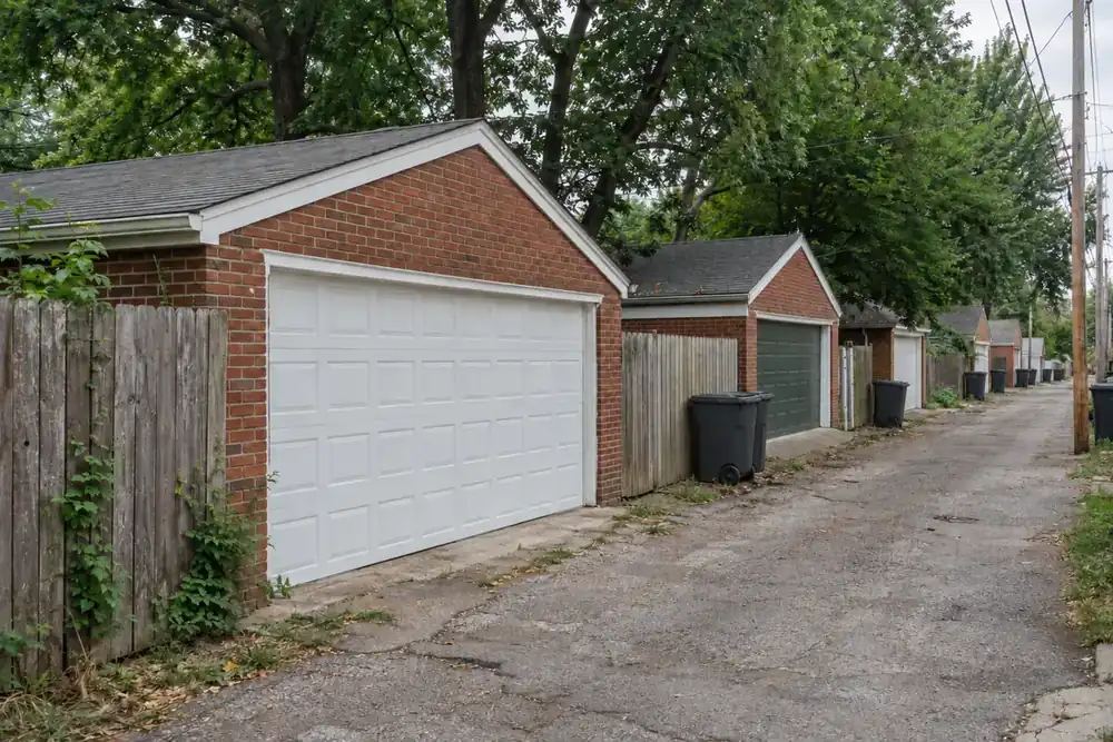 Row of detached red brick garages beside an alley with fences and mature trees