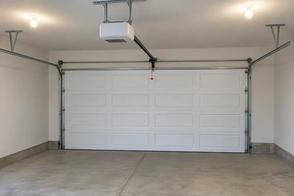 Ceiling-mounted opener with a straight rail and red release cord above a closed white garage door