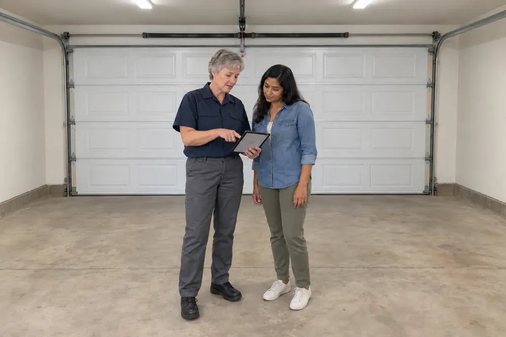 Technician shows a homeowner a written scope on a tablet beside a closed white garage door.