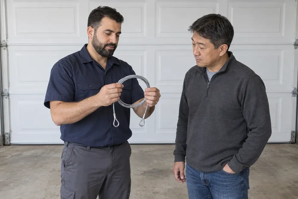 Technician shows a homeowner a coil of new garage door lift cable in a garage