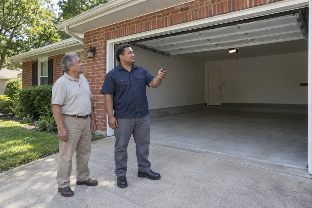 Technician testing an open white double garage door with a remote beside a homeowner