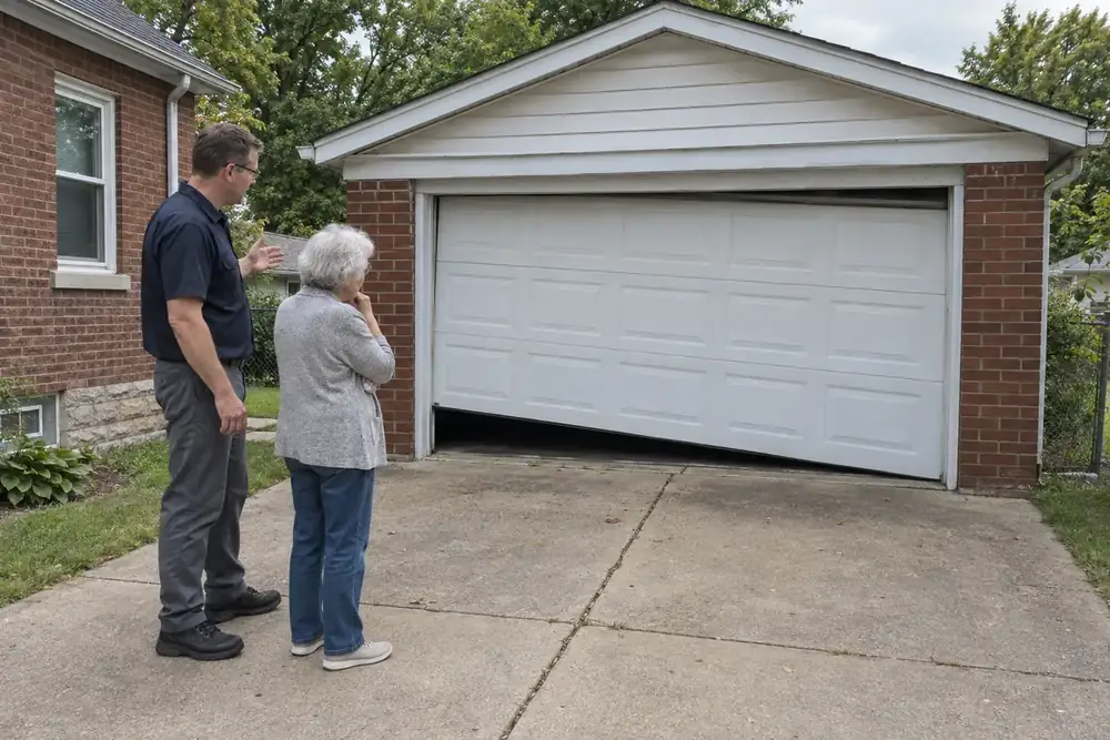 Technician and homeowner looking at a garage door hanging crooked in its opening