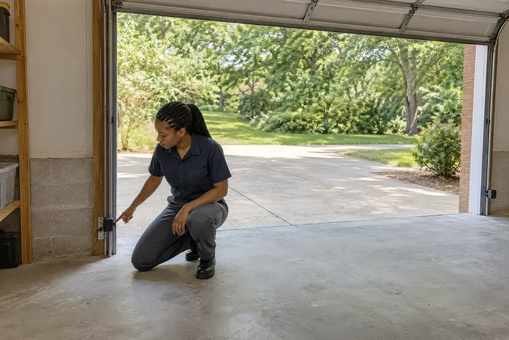 Technician kneeling beside an open garage doorway and pointing to the low-mounted safety sensor