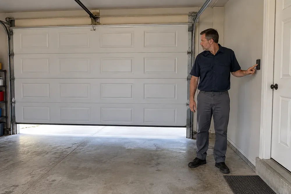 Technician presses the garage wall button while a white sectional door rises behind him