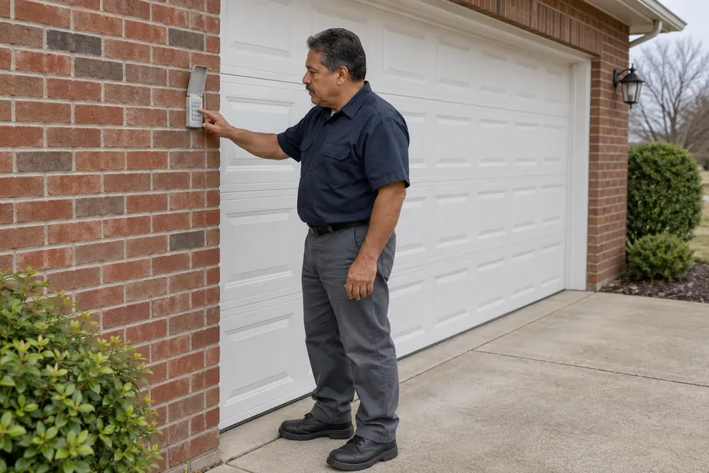 Technician pressing an outdoor keypad mounted on brick beside a closed white garage door
