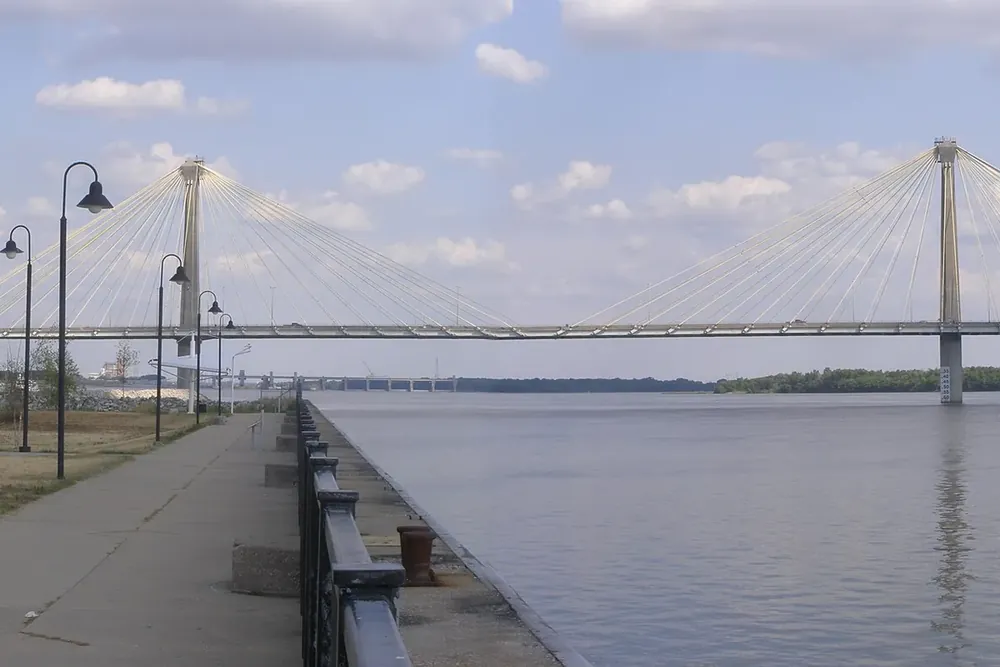 Riverfront walkway beside the Mississippi River and the Clark Bridge in Alton, Illinois